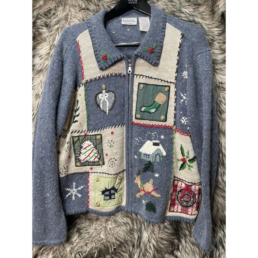 Vintage Editions Country‎ Christmas Sweater Acrylic Wool Rabbit Blend Full Zip